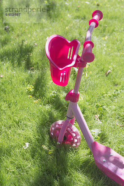 Ein rosa Schiebescooter auf Gras