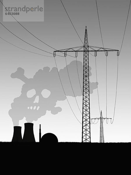 Elektrische Masten neben dem Kernkraftwerk  die Rauch freisetzen  der einem Schädel ähnelt.