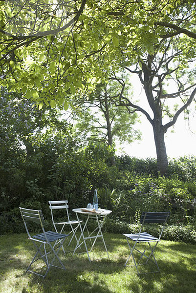 Ein Tisch und Stühle im Schatten eines Baumes aufgestellt
