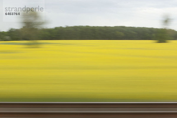 Eine ländliche Landschaft in verschwommener Bewegung vom fahrenden Zug aus gesehen