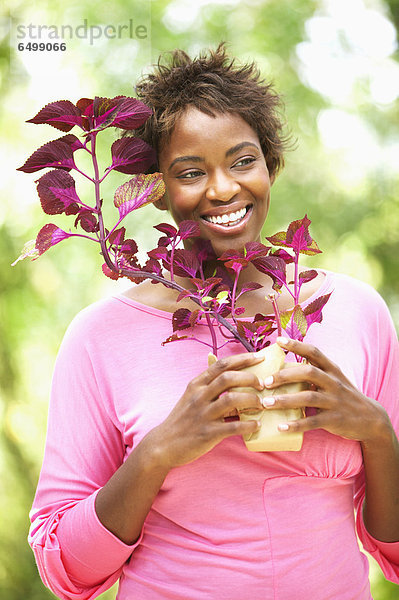 Frau  lächeln  halten  Pflanze