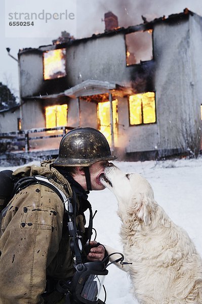 Feuerwehrmann Rettung verbrennen Wohnhaus Hund frontal
