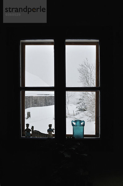 Österreich  Blick in die Winterlandschaft durchs Fenster