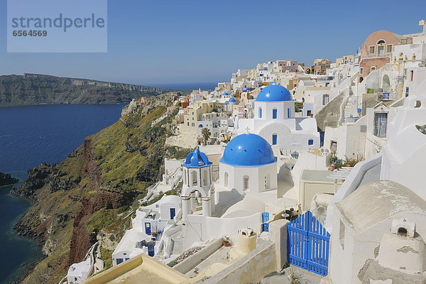 Greece  Santorini  View of classical whitewashed church and bell tower at Oia