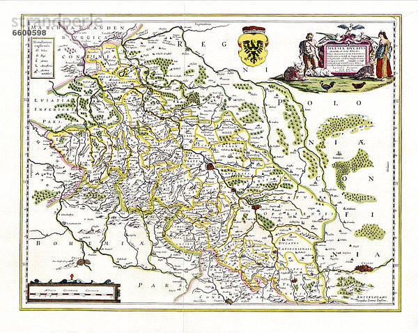 Historische Karte von Schlesien im 17. Jahrhundert. Silesia Ducatus Accurata et Vera delineatio  1636  Amstelodami Sumptibus Ioannis Ianssonn  Hondius