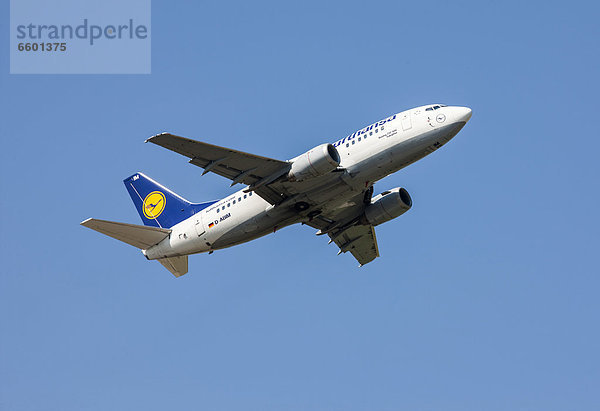 Lufthansa Boeing 737-500  nach dem Start vom Flughafen Düsseldorf  Nordrhein-Westfalen  Deutschland  Europa