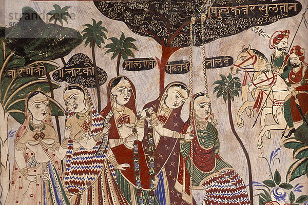 Frauen  Reiter  Wandmalerei  Haveli  Region Shekhawati  Rajasthan  Nordindien  Indien  Südasien  Asien
