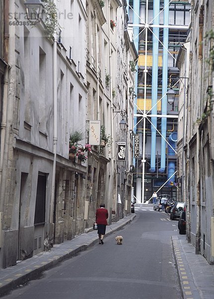 nebeneinander  neben  Seite an Seite  Frau  gehen  Straße  Hund  Centre Pompidou