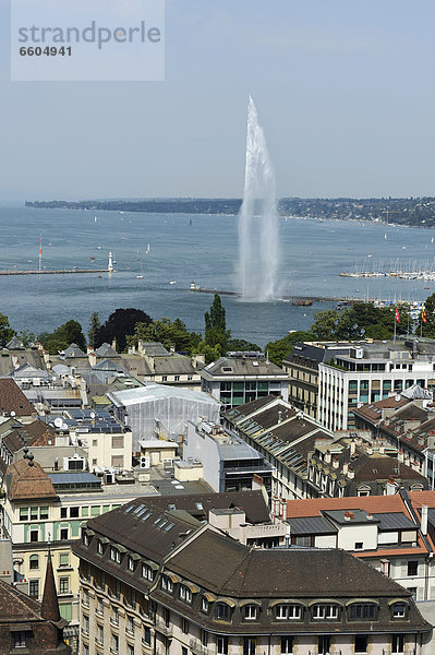 Blick auf den Genfersee mit Jet d'eau  Genf  Schweiz  Europa