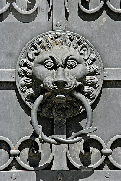Löwenkopf als Türklopfer an einem Eisenportal des bayerischen Nationalmuseums München  Bayern  Deutschland  Europa