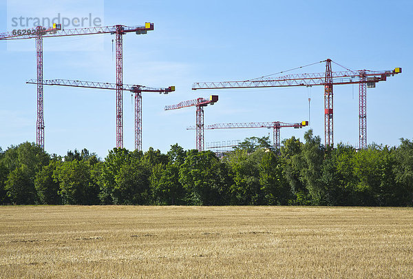 Kräne auf einer Baustelle an einem Feld