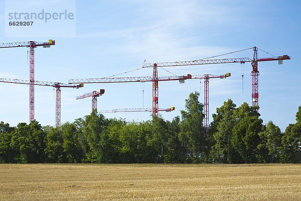 Kräne auf einer Baustelle an einem Feld