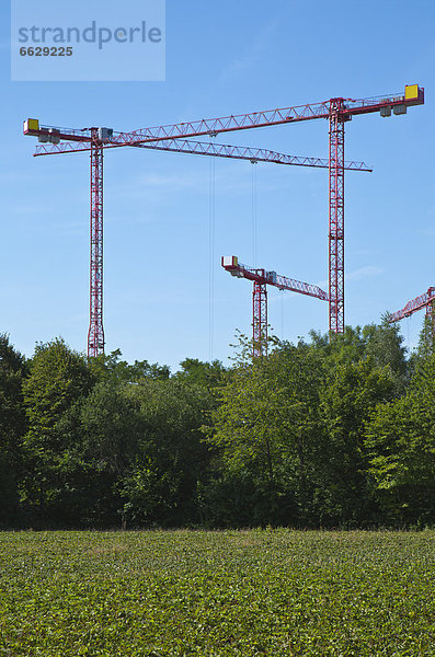 Kräne auf einer Baustelle an einem Feld