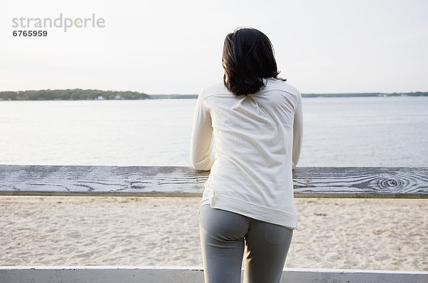 Vereinigte Staaten von Amerika  USA  angelehnt  Frau  sehen  Geländer  See  Zaun  Long Island  New York State