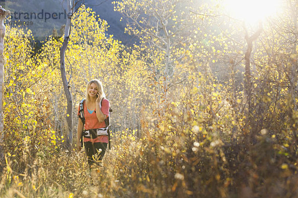 Vereinigte Staaten von Amerika  USA  Handy  Frau  sprechen  Wald  wandern  Kurznachricht  jung  Utah