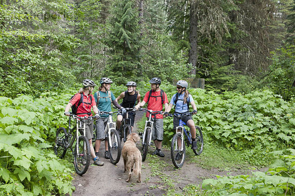 Berg  Fröhlichkeit  Mensch  5  Menschen  Menschengruppe  Menschengruppen  Gruppe  Gruppen  radfahren  Hund  Fernie  British Columbia  British Columbia  Kanada