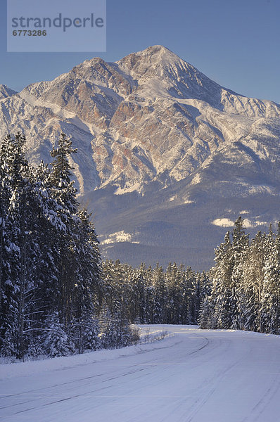 pyramidenförmig  Pyramide  Pyramiden  Berg  bedecken  Fernverkehrsstraße  Hintergrund  Maligne Lake  Jasper Nationalpark  Alberta  Pyramide  Schnee