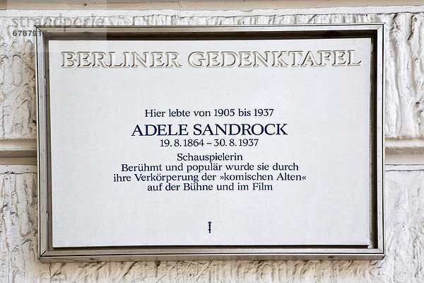 Gedenktafel für Adele Sandrock  deutsche Schauspielerin  1863 - 1937  Berlin  Deutschland  Europa