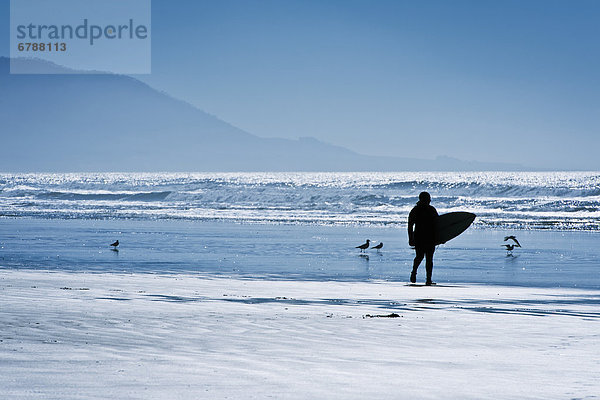 California  Morro Bay  Silhouette of surfer on beach.