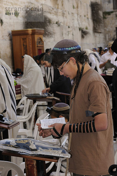 Jüdisch orthodoxer Junge liest in einem Gebetstbuch mit Gebetskapsel auf der Stirn und Gebetsriemen am Arm  hinten steht ein Toraschrank an der Klagemauer  Arabisches Viertel  Jerusalem  Israel  Naher Osten  Vorderasien