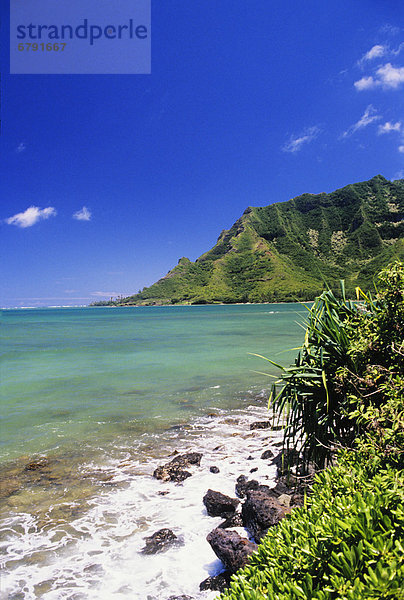 entfernt  Berg  Küste  grün  Überfluss  blau  türkis  Hawaii  Oahu