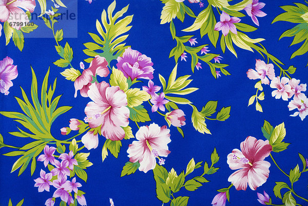 Detail of aloha shirt  pink hibiscus on blue background