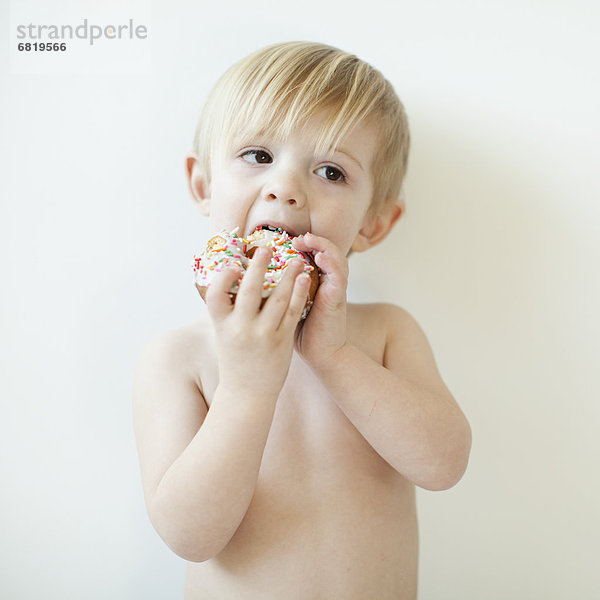 niedlich  süß  lieb  Portrait  Junge - Person  Donut  Studioaufnahme  2-3 Jahre  2 bis 3 Jahre  essen  essend  isst
