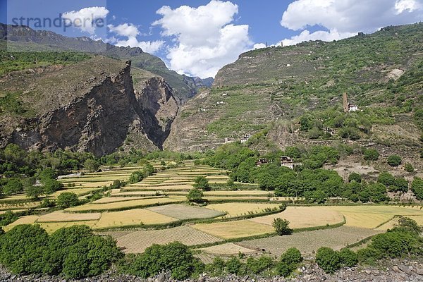 Berg  Dorf  Seitenansicht  China  Nestbau  Tibet  Sichuan