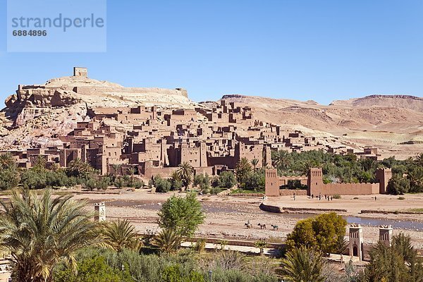 Nordafrika  Karawane  nebeneinander  neben  Seite an Seite  gebraucht  Stadt  Fluss  Nostalgie  Richtung  UNESCO-Welterbe  Afrika  antik  Campingwagen  Film  Kasbah  Ort  Marokko  Ouarzazate