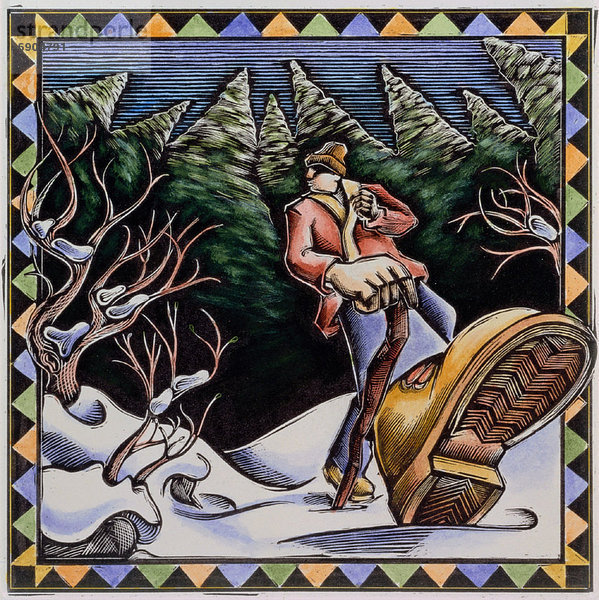 Winter  Mann  gehen  Illustration  Wald