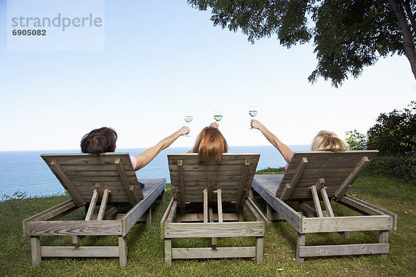 Außenaufnahme sitzend Frau Wein trinken freie Natur
