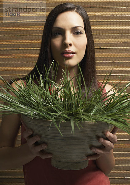 Frau  halten  Gras  Topfpflanze