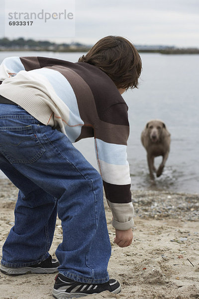 Strand  Junge - Person  Hund  spielen