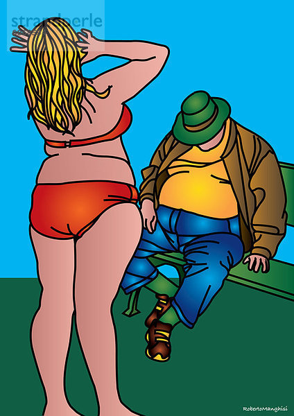 sitzend  Frau  Mann  Bikini  Illustration  frontal  Sitzbank  Bank  Kleidung