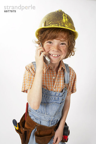 Handy  hoch  oben  bauen  sprechen  Junge - Person  arbeiten  klein  Kleidung