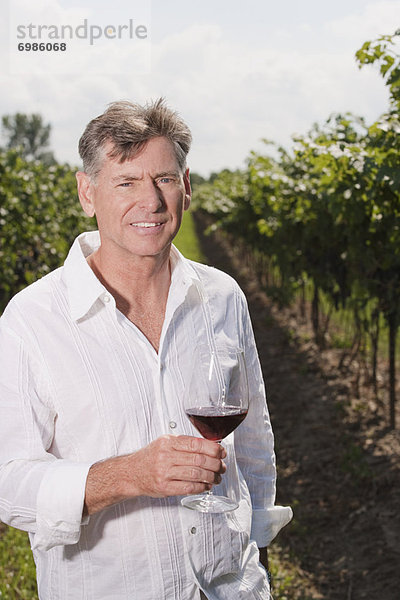 Portrait Mann Glas Wein halten Weinberg