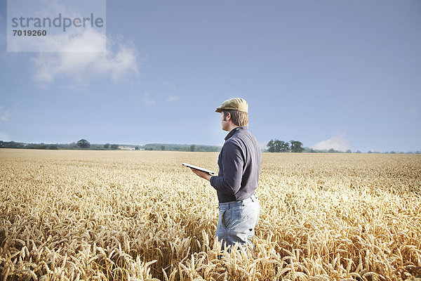 Landwirt mit Tablet-Computer im Feld