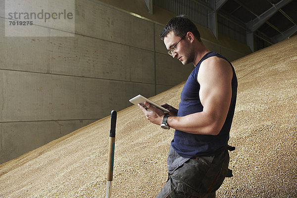 Mann mit Tablet-Computer in Getreide