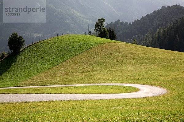 Kurvige Landstraße und Hügel mit Wiese  Ramsau  Steiermark  Österreich