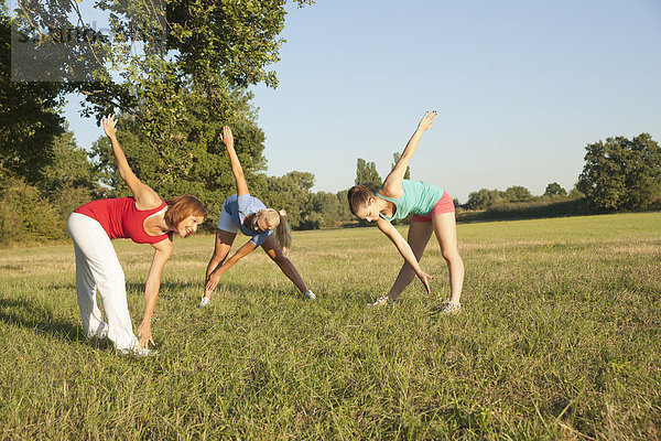 Drei Frauen machen Gymnastik auf einer Wiese