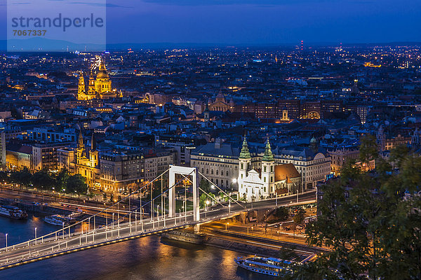 Aussicht von der Zitadelle auf die Stadt  Stadteil Pest  Elisabethbrücke  Blaue Stunde  Budapest  Ungarn  Europa