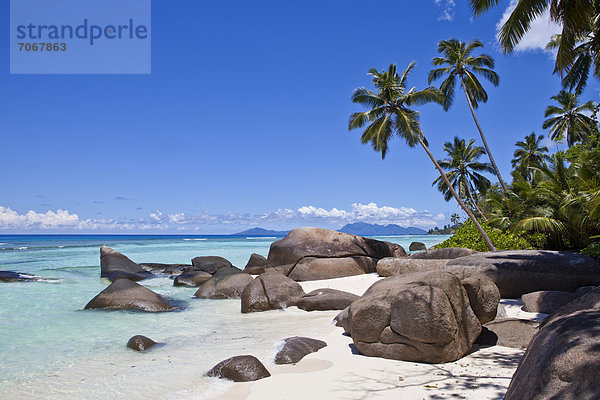 Kokospalmen (Cocos nucifera) und Granitfelsen am Strand Anse La Passe  Insel Silhouette  Seychellen  Afrika  Indischer Ozean