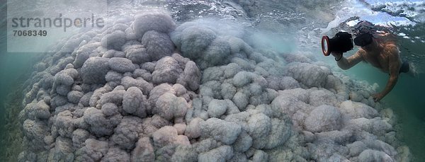 Mann fotografiert Salz-Formationen über Felsen im Toten Meer  Israel  Unterwasseraufnahme Unterwasseraufnahme