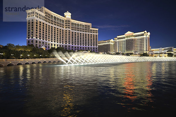 Nachtaufnahme Wasserspiele  Luxushotel  Casino  Bellagio  Caesars Palace  The Mirage  Las Vegas  Nevada  Vereinigte Staaten von Amerika  USA  ÖffentlicherGrund