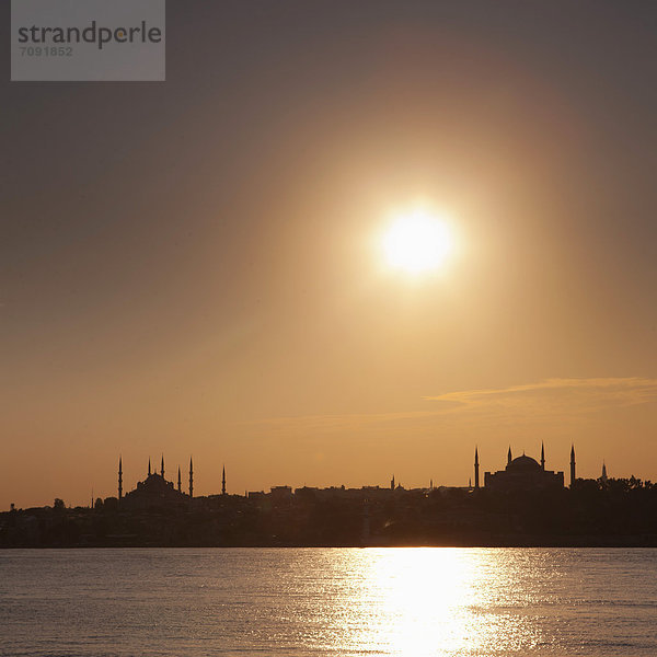 Turkey  Istanbul  View of Blue Mosque and Hagia Sophia during sunset
