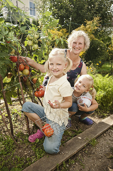 Germany  Bavaria  Grandmother with children in vegetable garden
