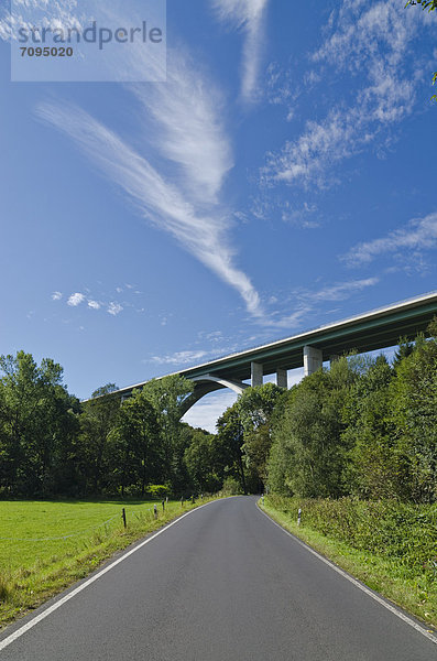 Autobahnbrücke  Viadukt  über einem grünen Tal und einer Straße  Zuschendorf  Sachsen  Deutschland