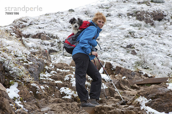 Eine Frau hat ihren Hund im Rucksack und steht im Anstieg auf den Wildseeloder  Fieberbrunn  Tirol  Österreich  Europa