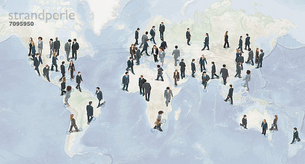 Große Gruppe von Geschäftsleuten zu Fuß auf der Weltkarte