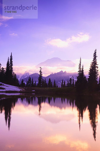 Reflektierender Teich am Tipsoo Lake bei Sonnenuntergang  Mount Rainier National Park  Washington  USA